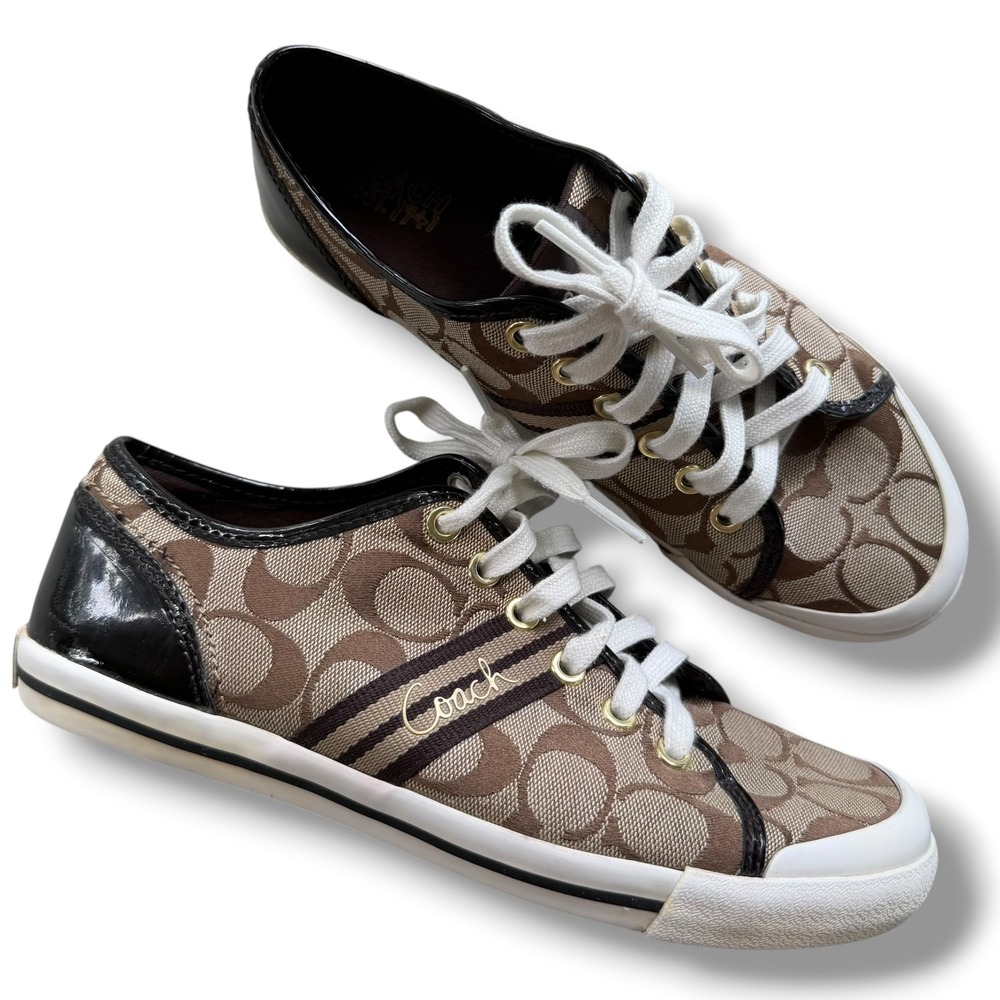 Coach Sz 8.5 Tan Folly Signature C Jacquard Patent Leather Canvas Sneakers Q1024